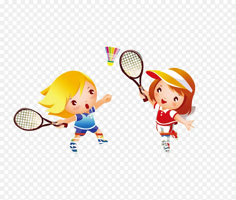 卡通打羽毛球的学生小孩