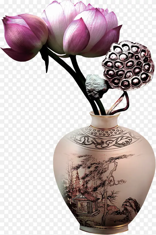 紫色中国风花瓶莲花装饰图案