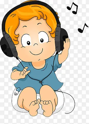 卡通版的幼儿戴着耳机在听音乐