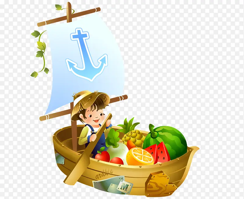 卡通矢量彩色小船男孩划船水果