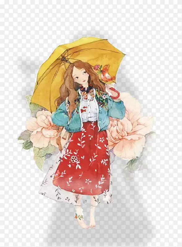 卡通手绘美丽花朵少女插画免抠