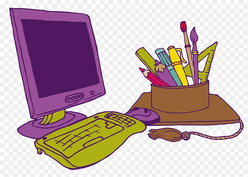 矢量手绘紫色台式电脑和学习工具