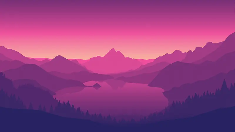 紫色山峦湖泊海报背景手绘