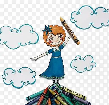 女孩云朵与蜡笔素材图