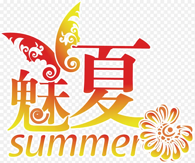 夏日海报黄色蝴蝶卡通花朵设计字体