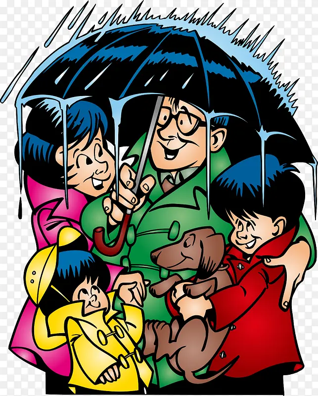 矢量雨中一家人