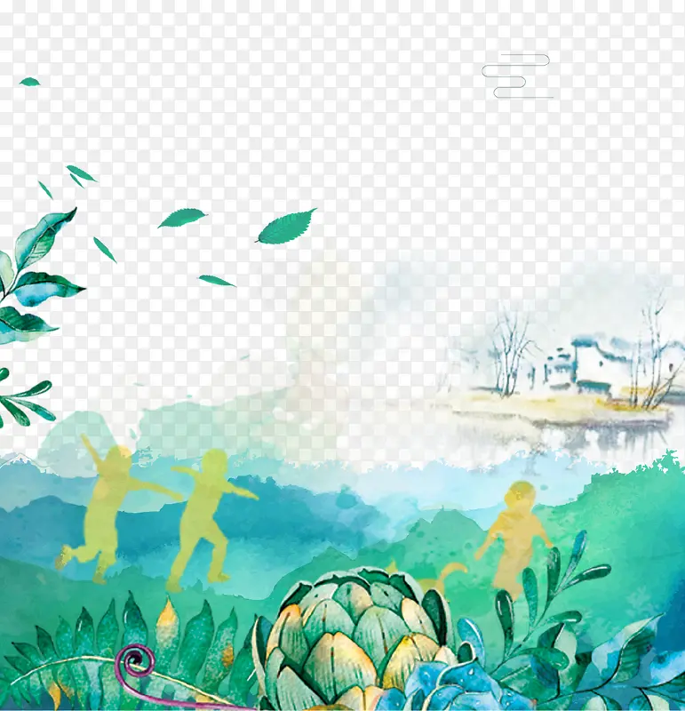 蓝色手绘春游草地插画