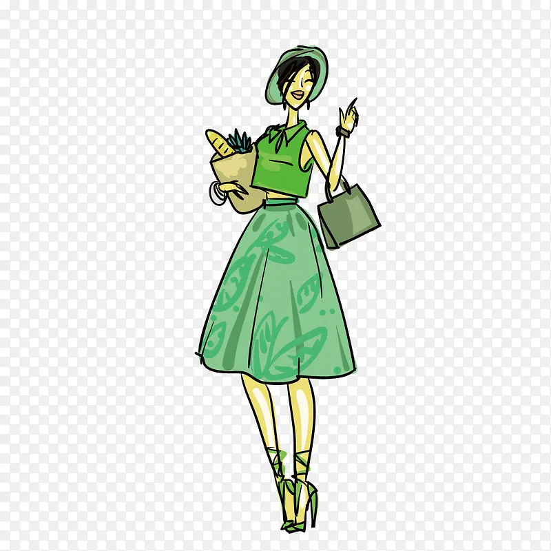 矢量卡通手绘绿色短裙美女人物