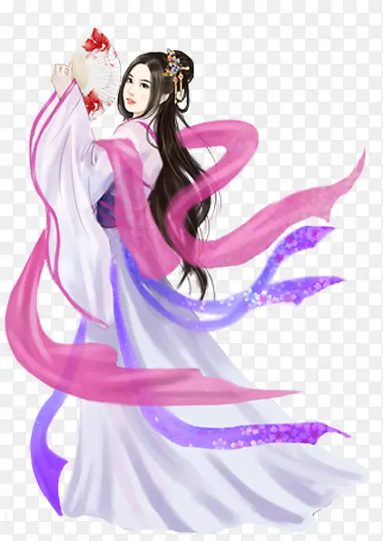 白衣拿扇子的舞女古风手绘PNG图片素材下载_图片编号9474510-PNG素材网