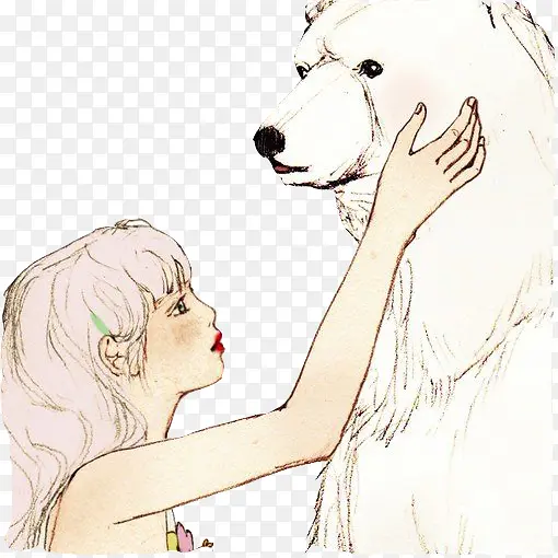 手绘女人与熊