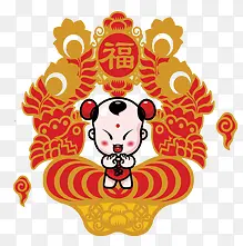 免抠中国福娃招财童子剪纸鸟福字