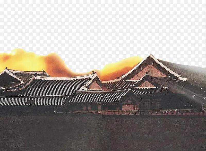 夕阳下城墙古宅素材背景