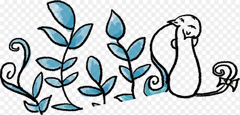 蓝色松鼠手绘动物植物