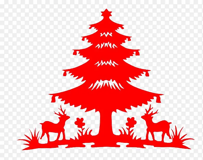 红色圣诞树小鹿剪纸