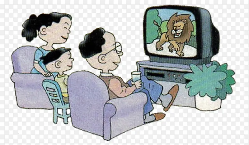 卡通一家三口看电视插画PNG