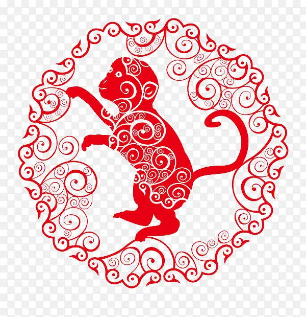 中国风红色剪纸猴子