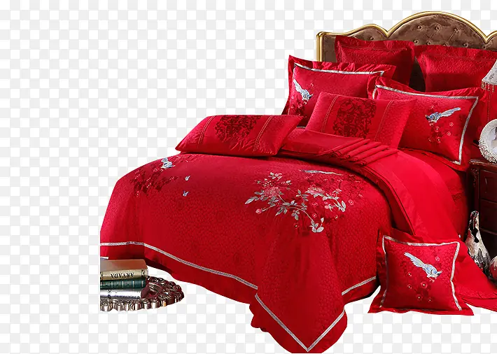 红色家纺床棉被元素