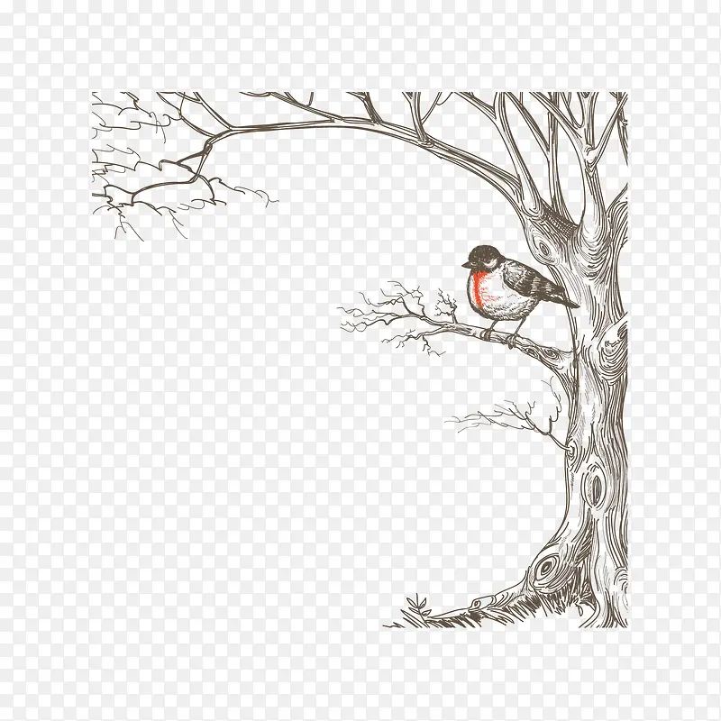 手绘线描艺术树鸟装饰图案