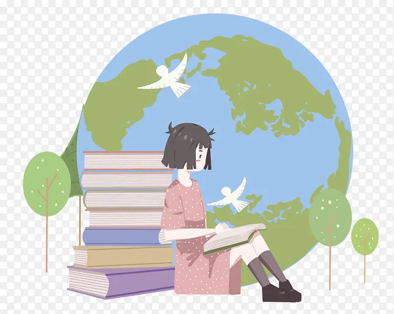 世界读书日手绘插画阅读的女孩