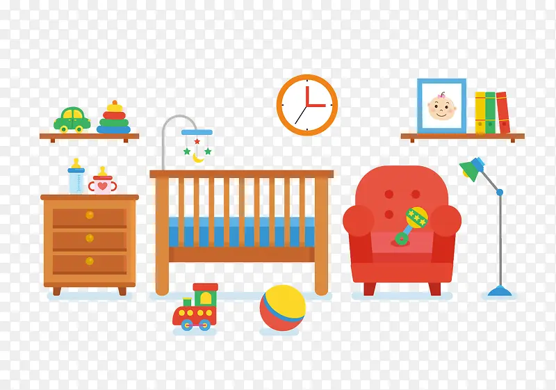一个褐色婴儿床与儿童玩具