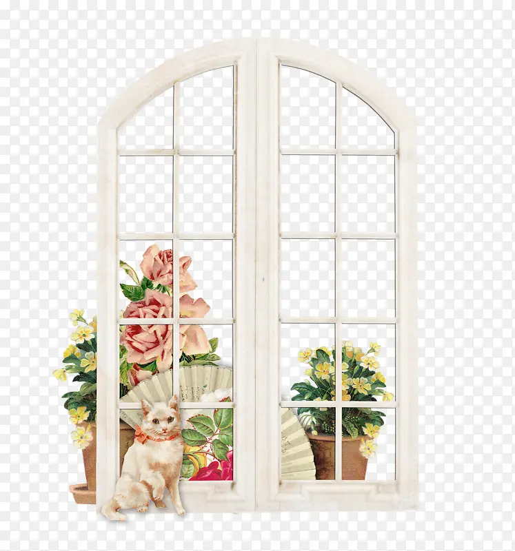 窗户外的花朵和猫咪