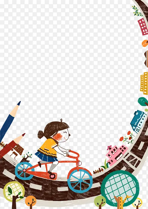骑自行车的小女孩可爱卡通插画