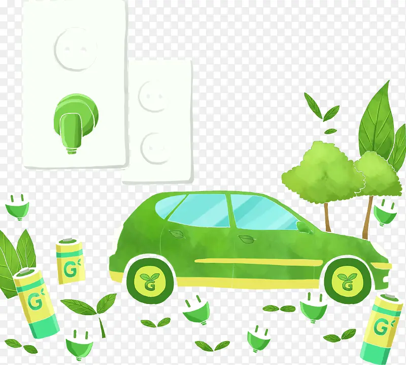 扁平风格合成绿色的手绘汽车输液