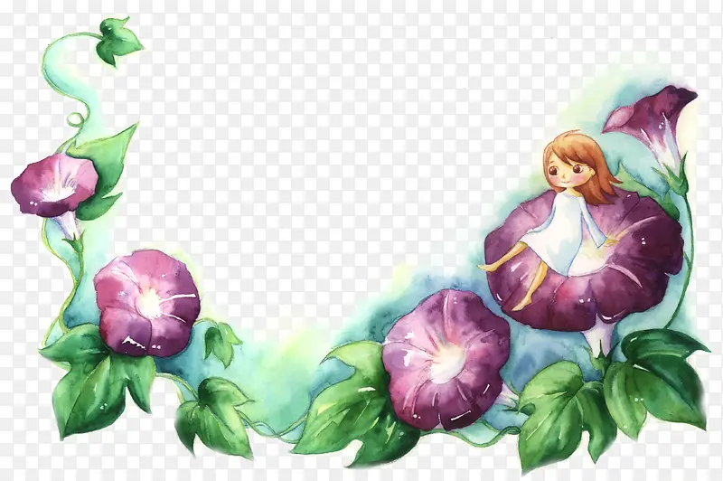 创意合成效果坐在喇叭花上的小女孩
