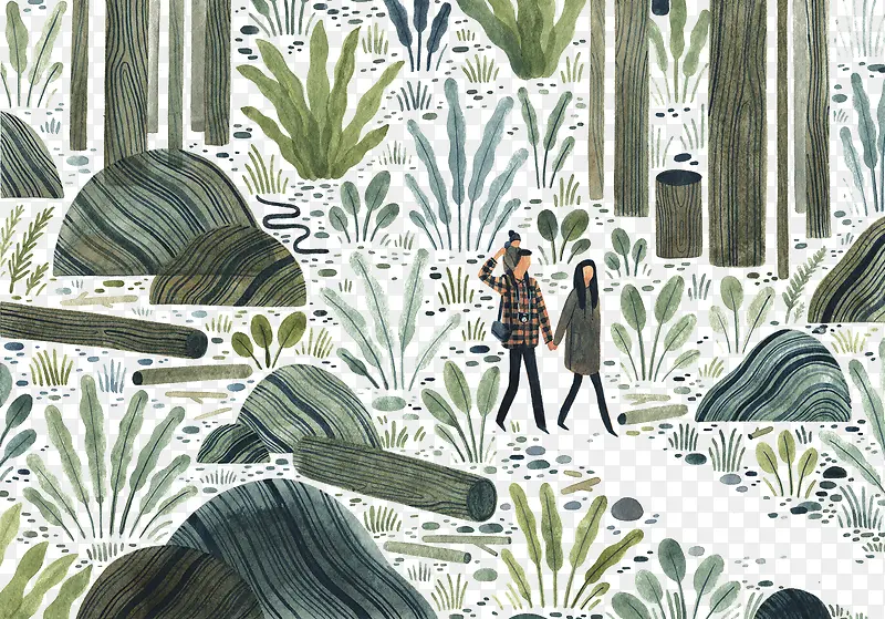 一家三口在森林里散步