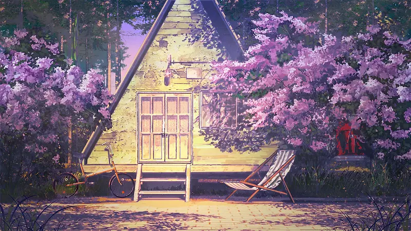 日系插画房屋樱花树浪漫色彩