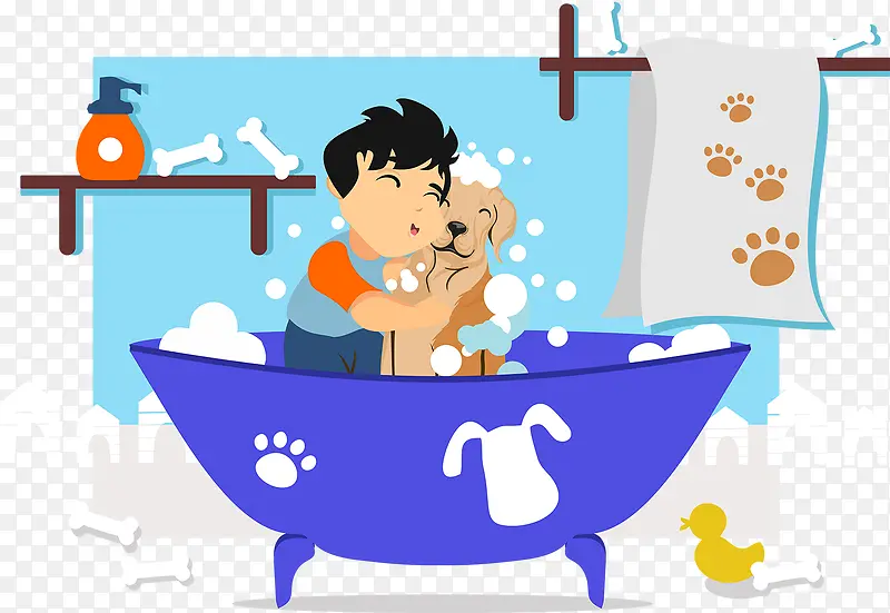 手绘卡通宠物洗澡矢量图