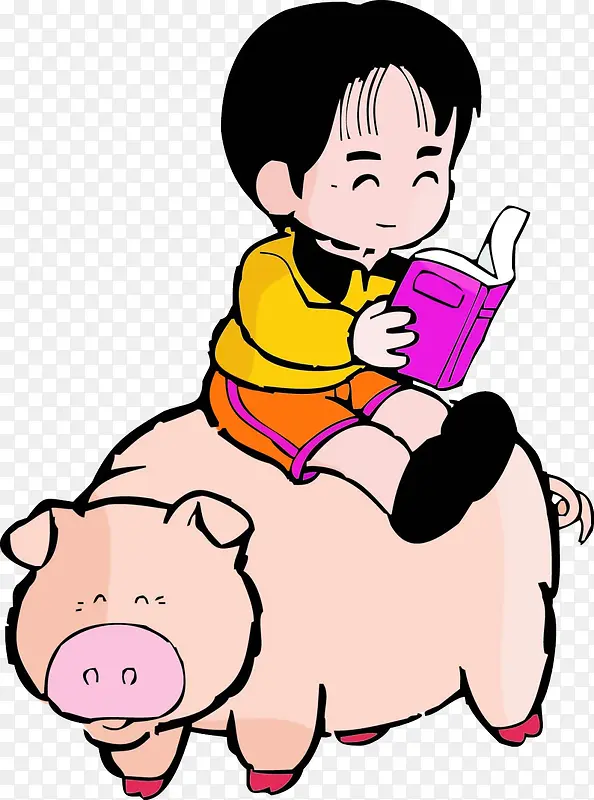 坐在猪背上看书的小女孩