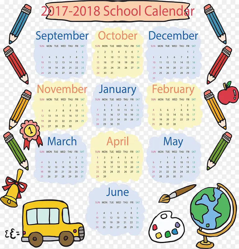 彩色手绘铅笔日历