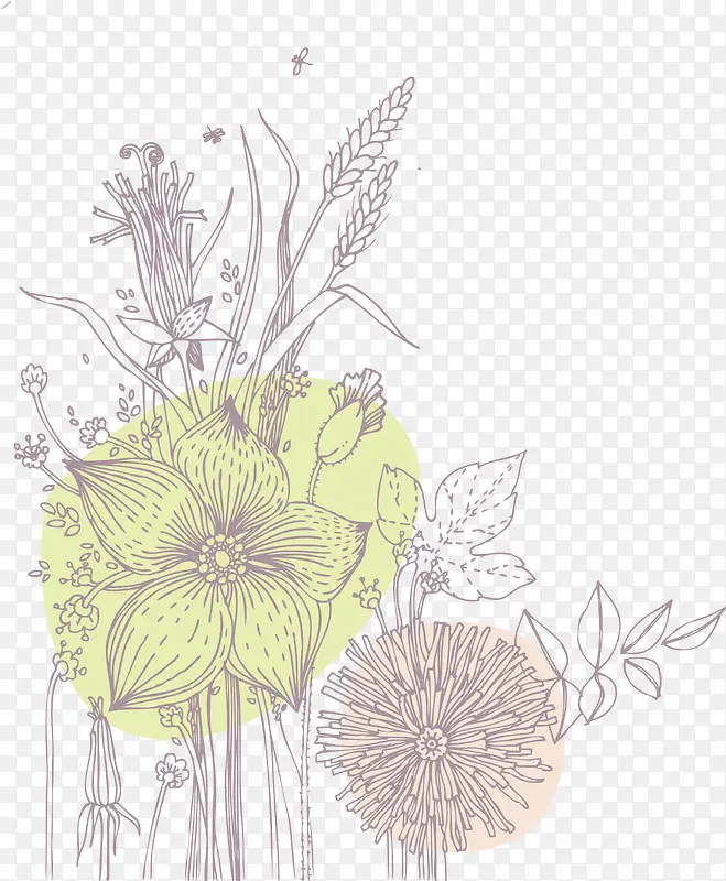 手绘植物线条花朵矢量图
