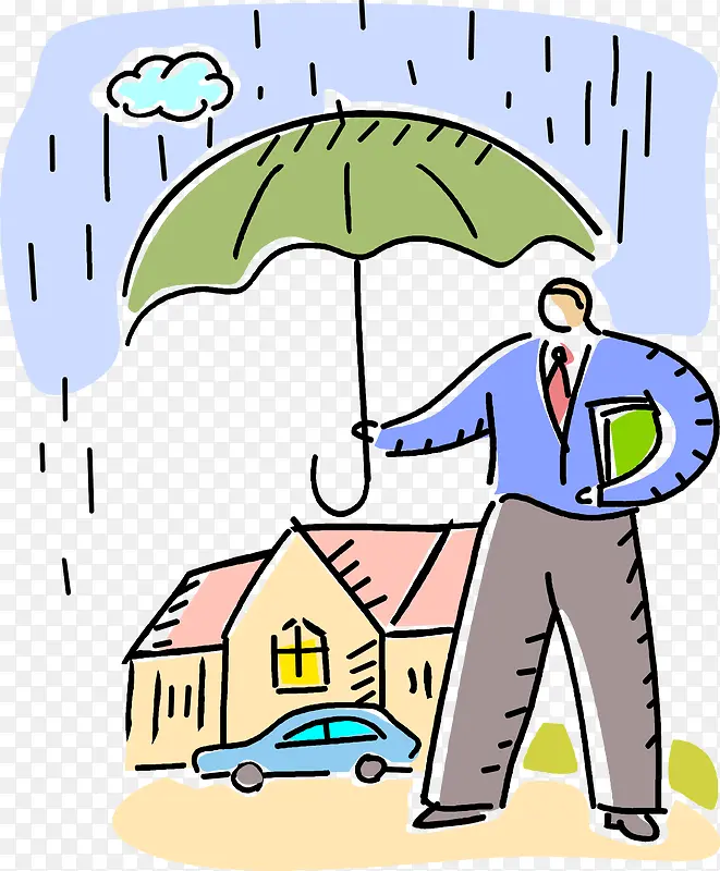 手绘青年为房子撑伞遮雨矢量图