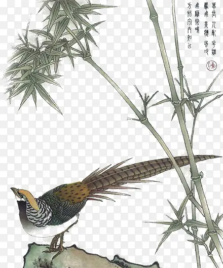 中国风骘鸡竹子水墨画