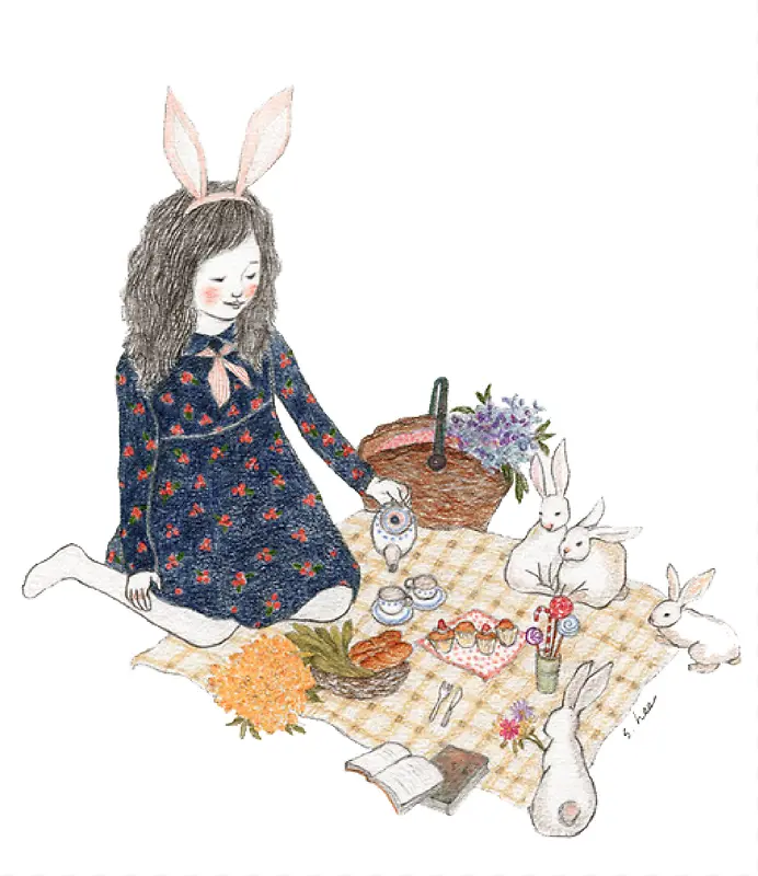 手绘女孩和兔子