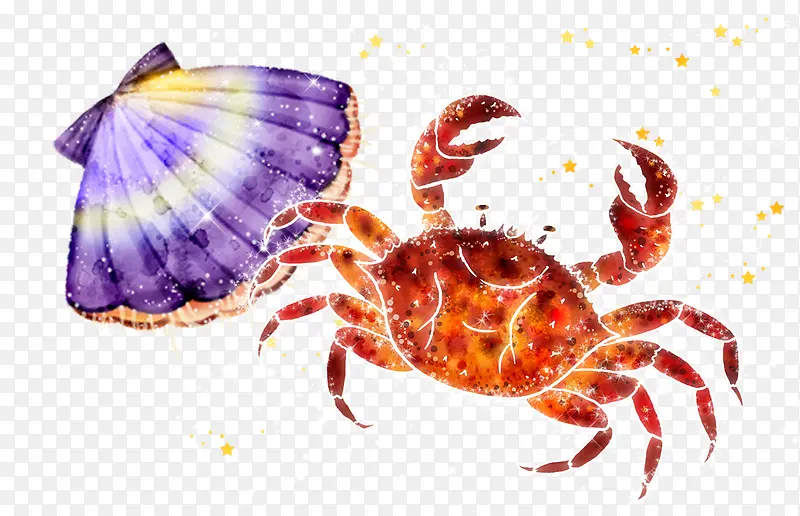 水彩螃蟹与扇贝免抠图手绘素材