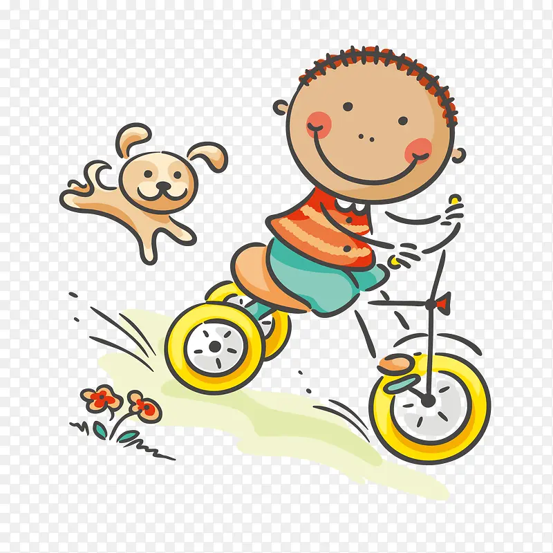 彩色手绘骑车的小男孩