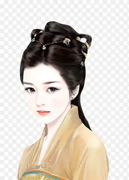 绿衣黑发珍珠头饰女子古风立绘