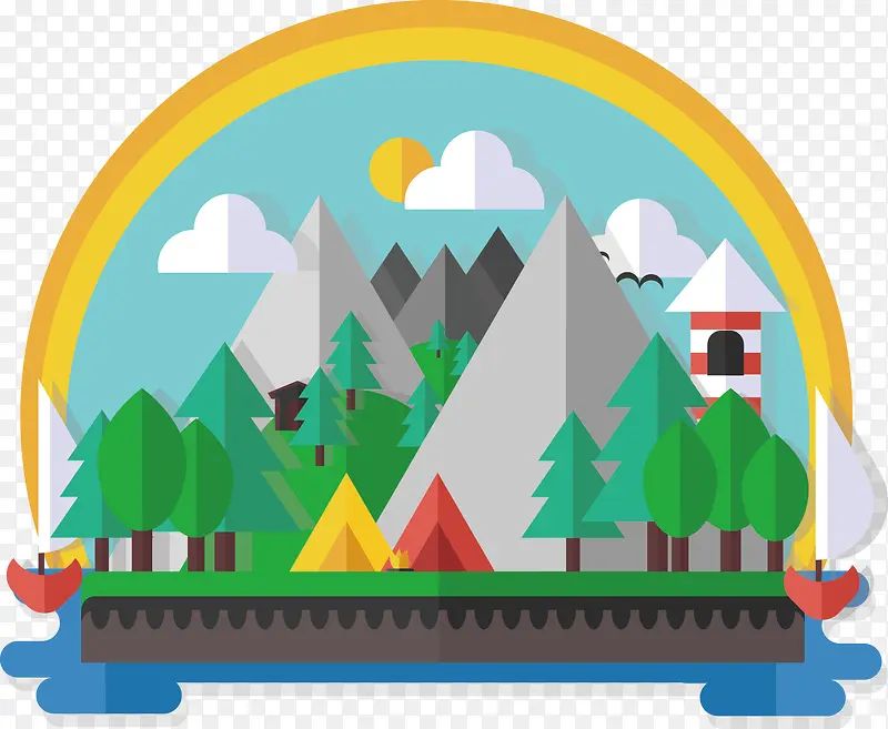 矢量手绘扁平户外露营山坡和树林