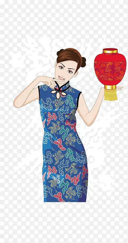 中国古典蓝花旗袍美女矢量素材