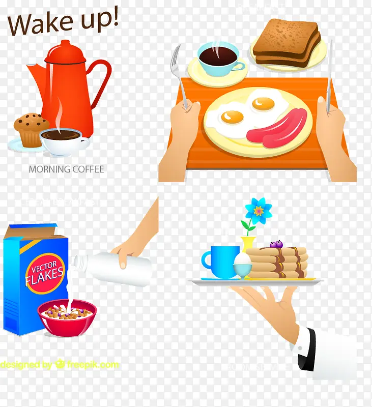4款卡通美味早餐矢量图