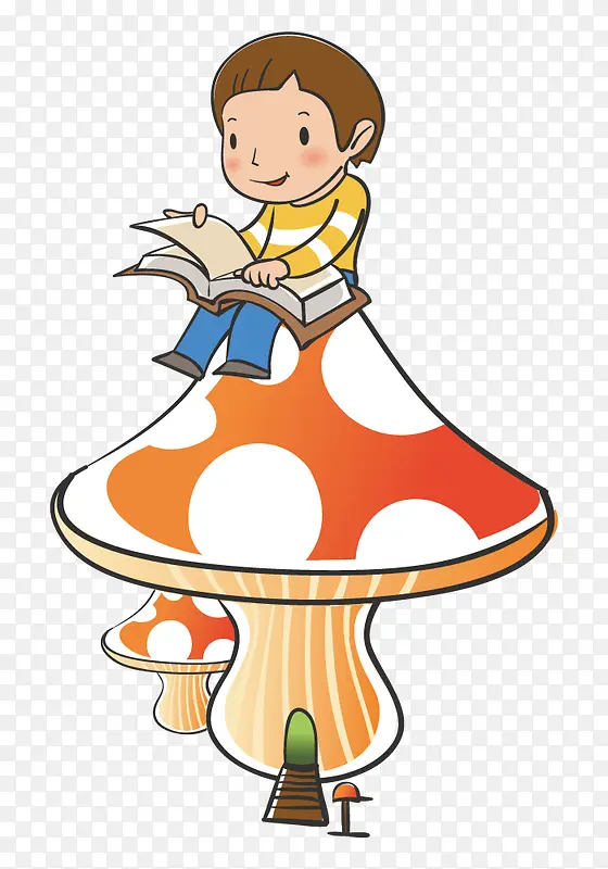 坐在蘑菇上看书的男孩