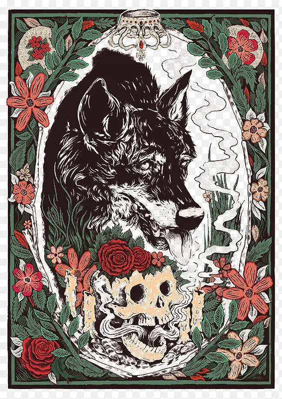 创意花卉边框底纹和狼