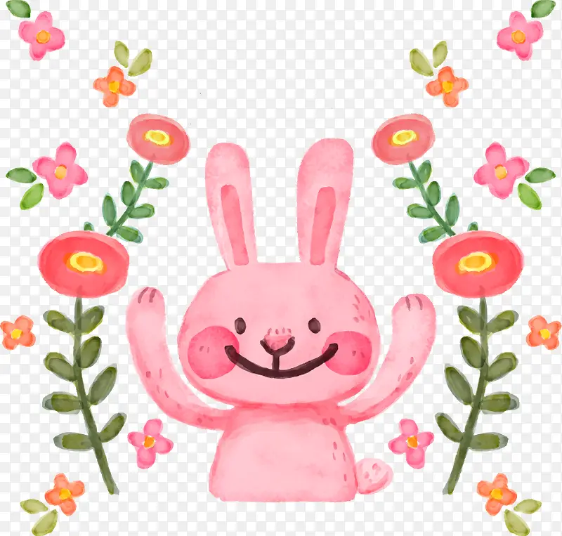 卡通手绘矢量粉红兔子鲜花