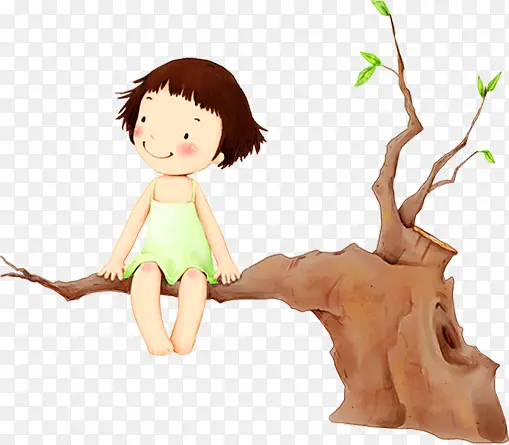 坐在树枝上小女孩卡通画