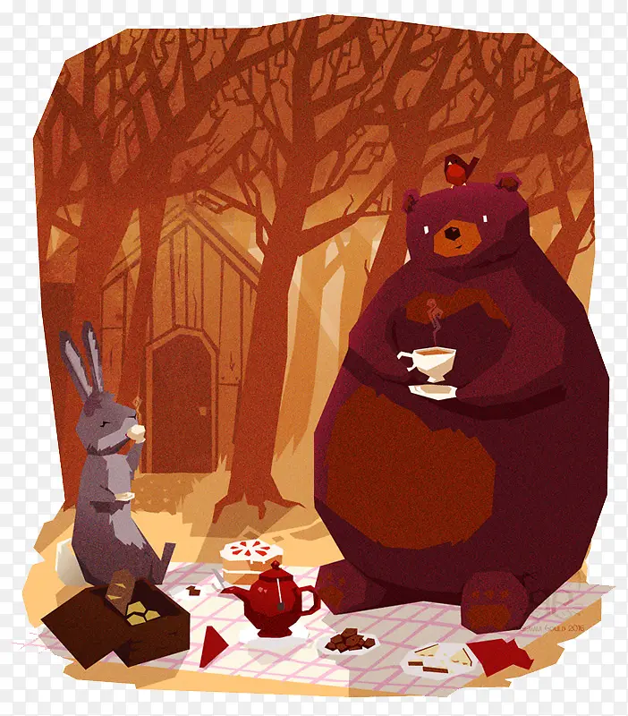 手绘棕熊兔子野餐