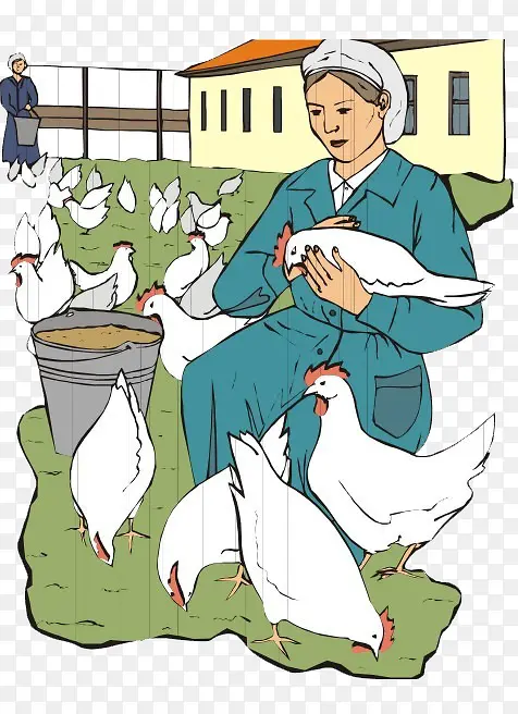 妇女喂鸡