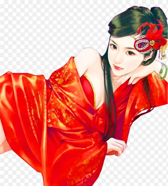 妖娆红衣美女古风手绘